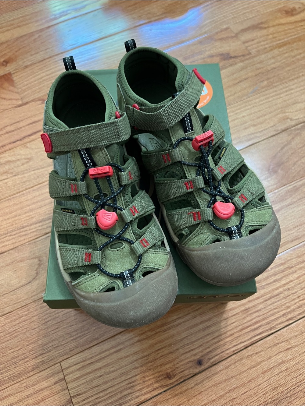 Keen Olive Green Kids Sandals with Red Accents